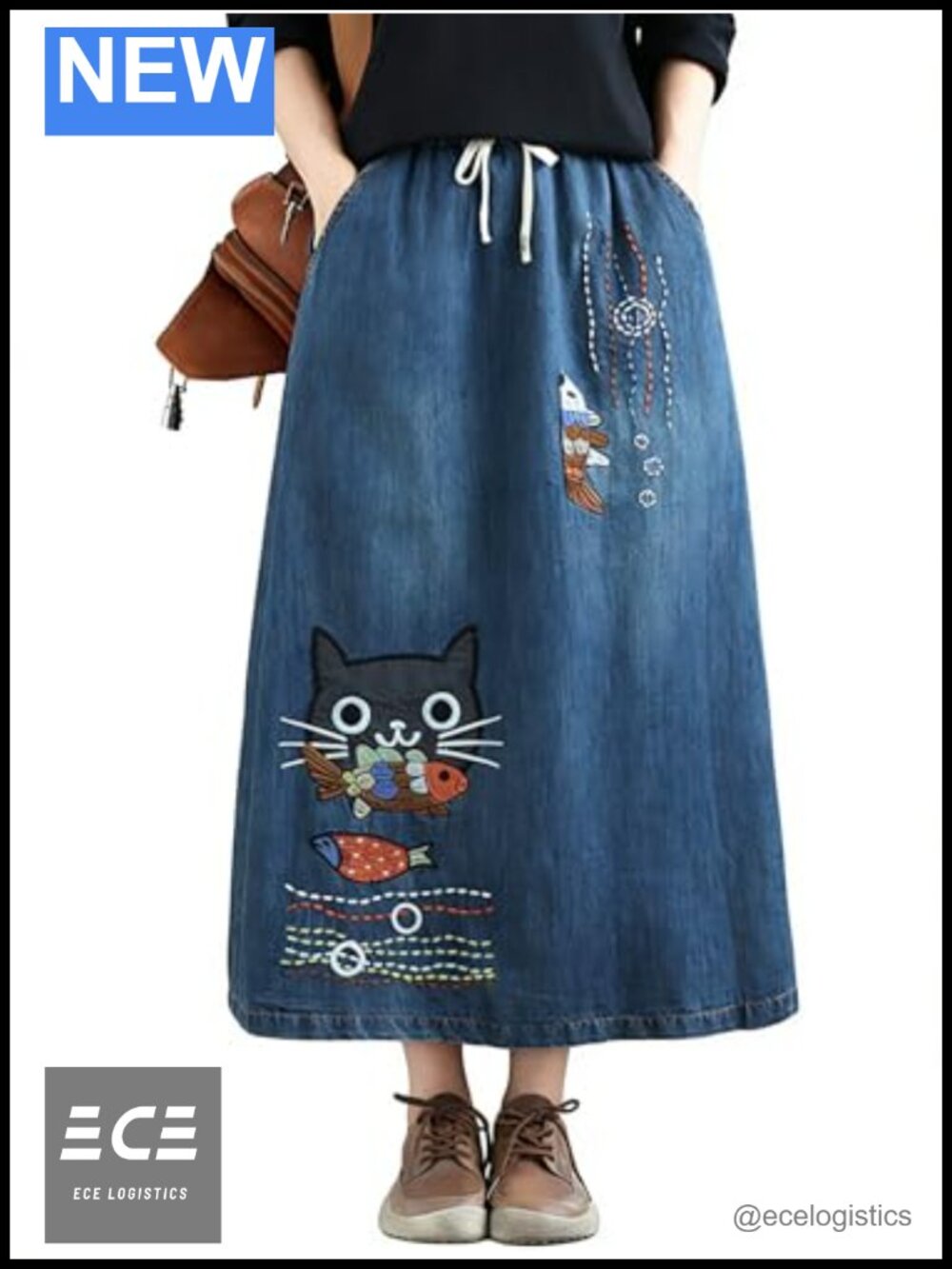 Cat Embroidery Denim Midi Skirt Elastic Waist A-Line with Pockets